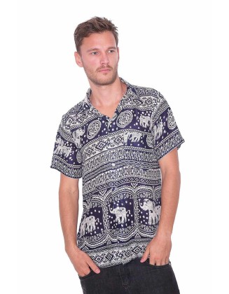 DARK BLUE Elephant Printed Aloha Short Sleeve