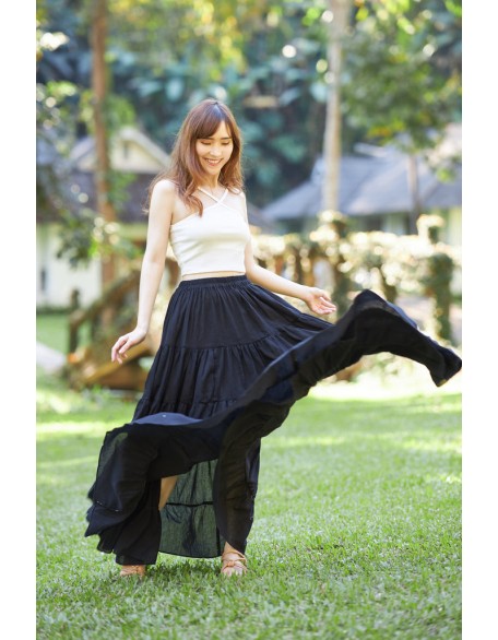 BLACK COTTON MAXI RUFFLE SKIRT