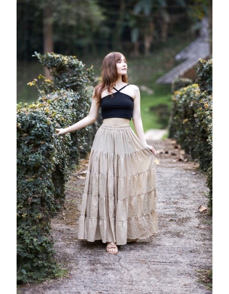 BEIGE COTTON MAXI RUFFLE SKIRT