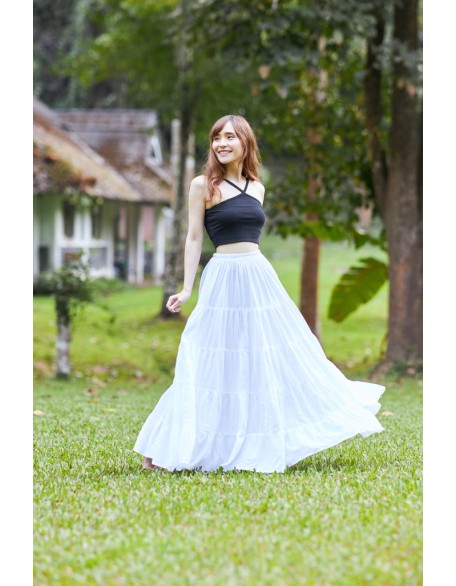 WHITE COTTON MAXI RUFFLE SKIRT