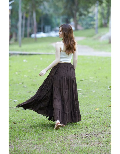 BROWN COTTON MAXI RUFFLE SKIRT