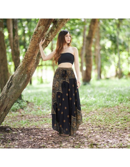 BLACK PEACOCK FLOWER LONG SKIRT