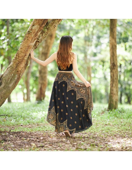 BLACK PEACOCK FLOWER LONG SKIRT