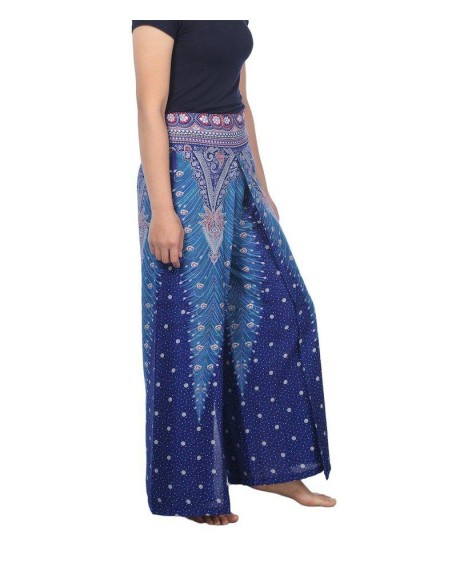 Wide Leg Pants with Peacock Design