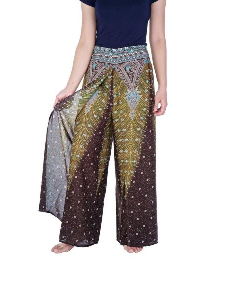 Wide Leg Pants with Peacock Design