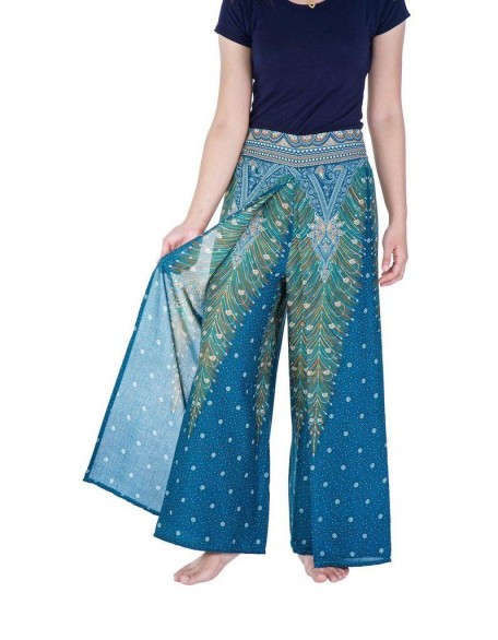 Wide Leg Pants with Peacock Design