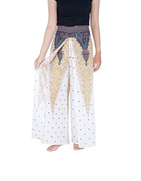 Wide Leg Pants with Peacock Design