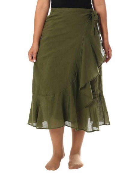 OLIVE GREEN COTTON MIDI SKIRT